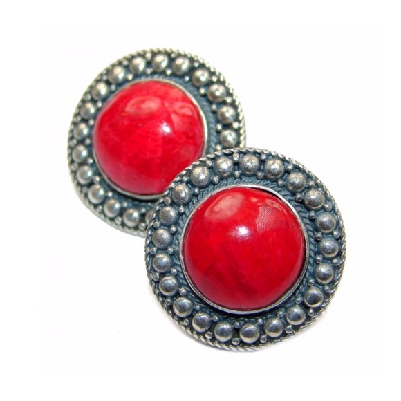 925 STERLING SILVER FOSSILIZED RED CORAL EARRING - Picture 2 of 5